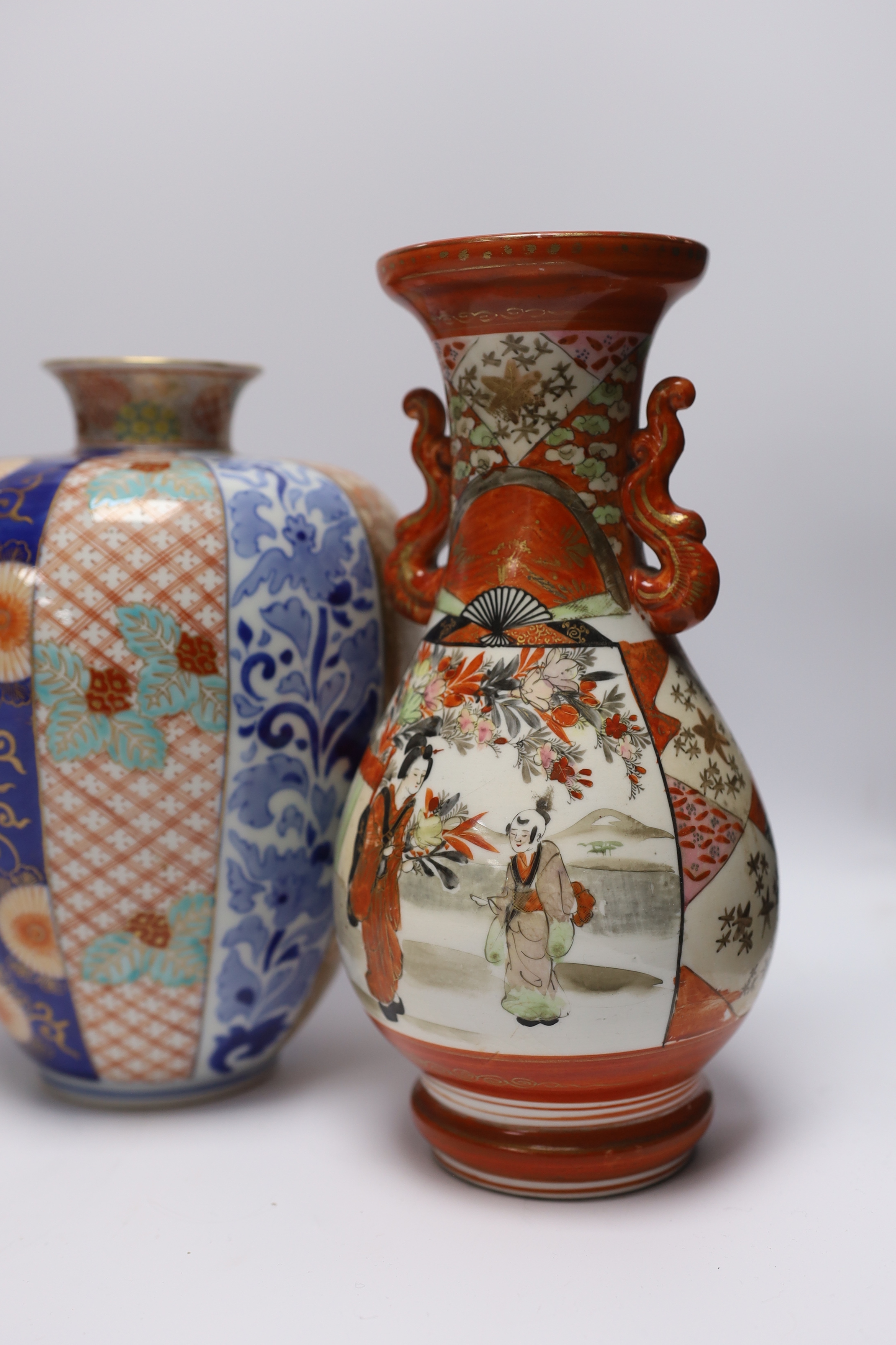 A pair of Japanese Imari vases, by Fukagawa and a pair of Kutani vases, Meiji period, tallest 25cm
